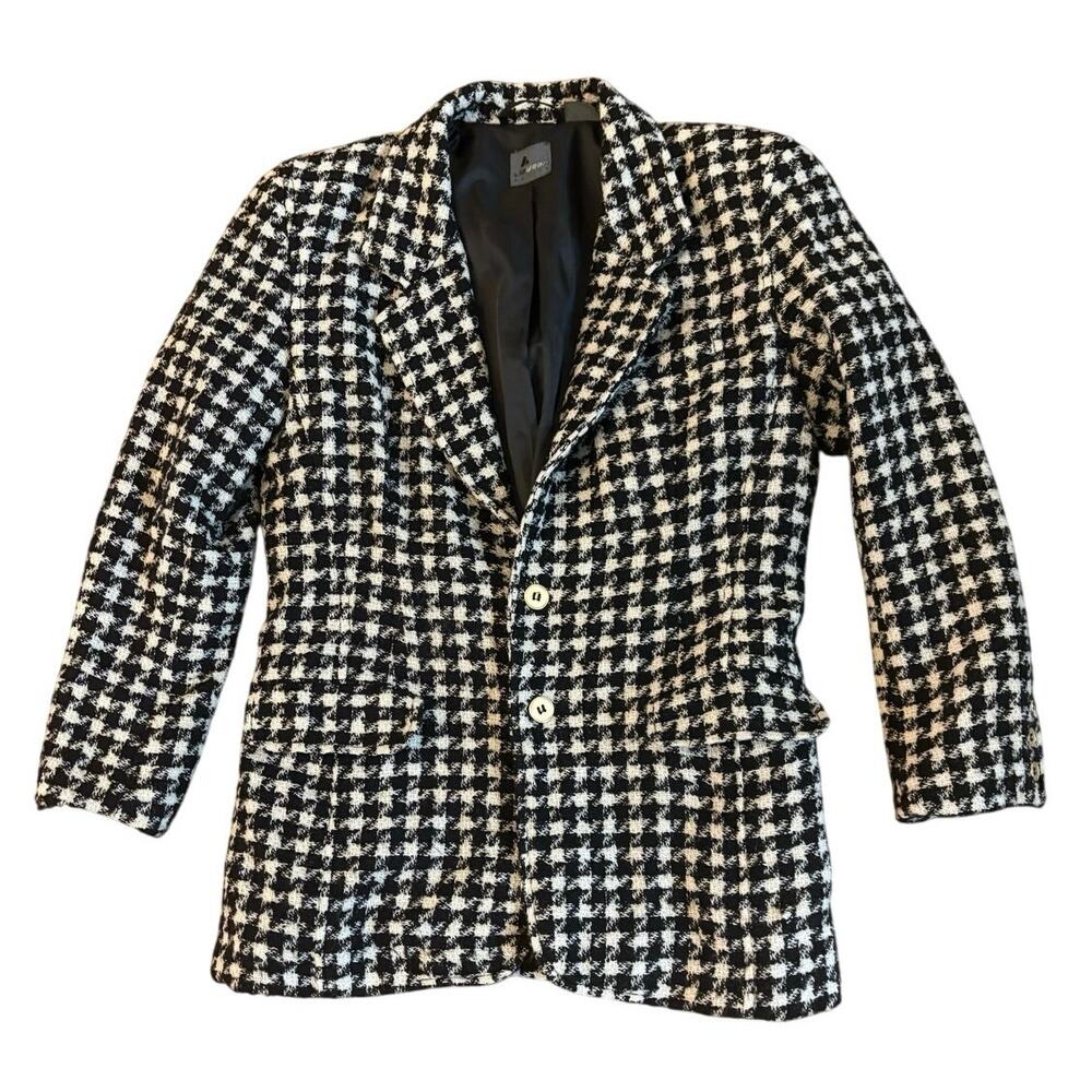 Lizwear Petite 2 Wool‎ Blend Blazer Black White Houndstooth Jacket Women's EUC